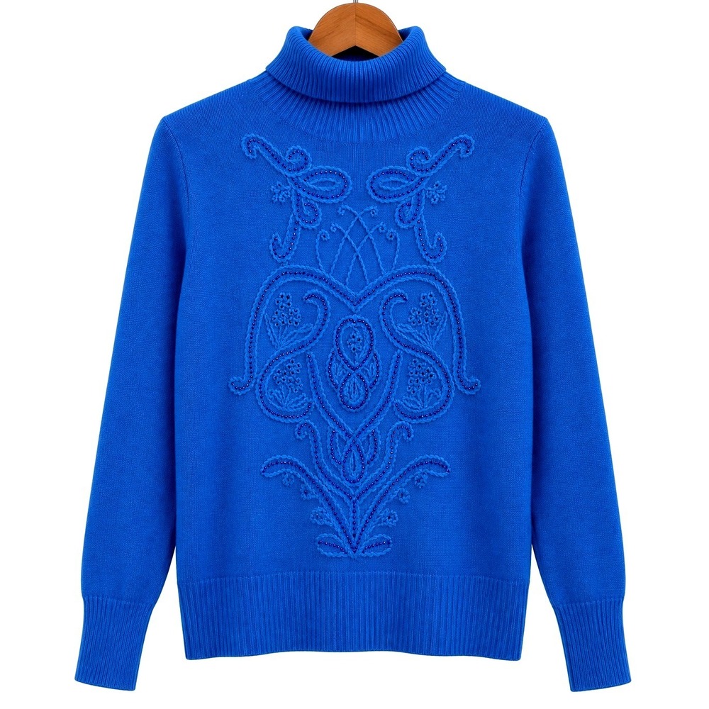 Vintage Oscar de la Renta Turtleneck Sweater Women XL Blue Beaded Embroidered
